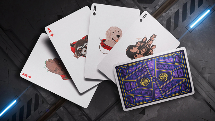 Guardians of the Galaxy playing cards by theory11 featuring character cards of Rocket, Cosmo and the Guardians with purple cosmic card back design on a sci-fi metal surface