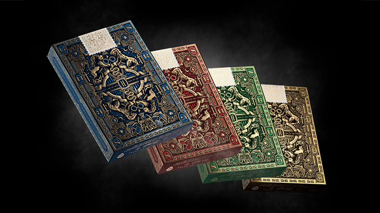 Harry Potter playing cards box set by theory11 featuring Gryffindor, Slytherin, Ravenclaw, and Hufflepuff themed decks with ornate gold designs on a dark background