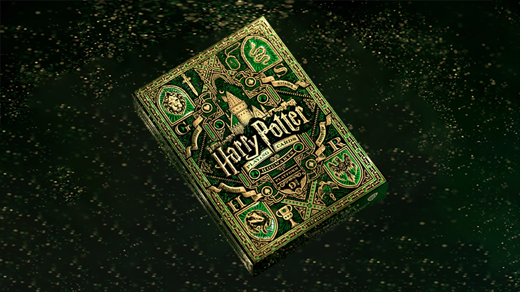 Harry Potter playing cards by theory11 featuring ornate green wizarding world deck with gold foil design
