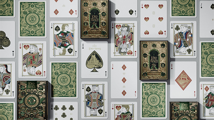 Lord of the Rings playing cards box set by theory11 showing multiple custom card designs and tuck boxes arranged in a display