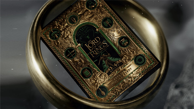 Lord of the Rings playing cards box set by theory11 displayed inside the One Ring with gold and green Middle-earth design