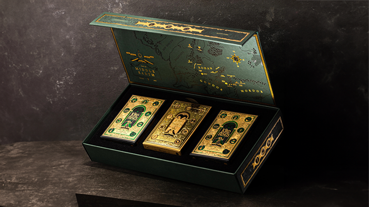 Lord of the Rings playing cards box set by theory11 opened showing Fellowship, Mordor, and Shire decks inside green collector case