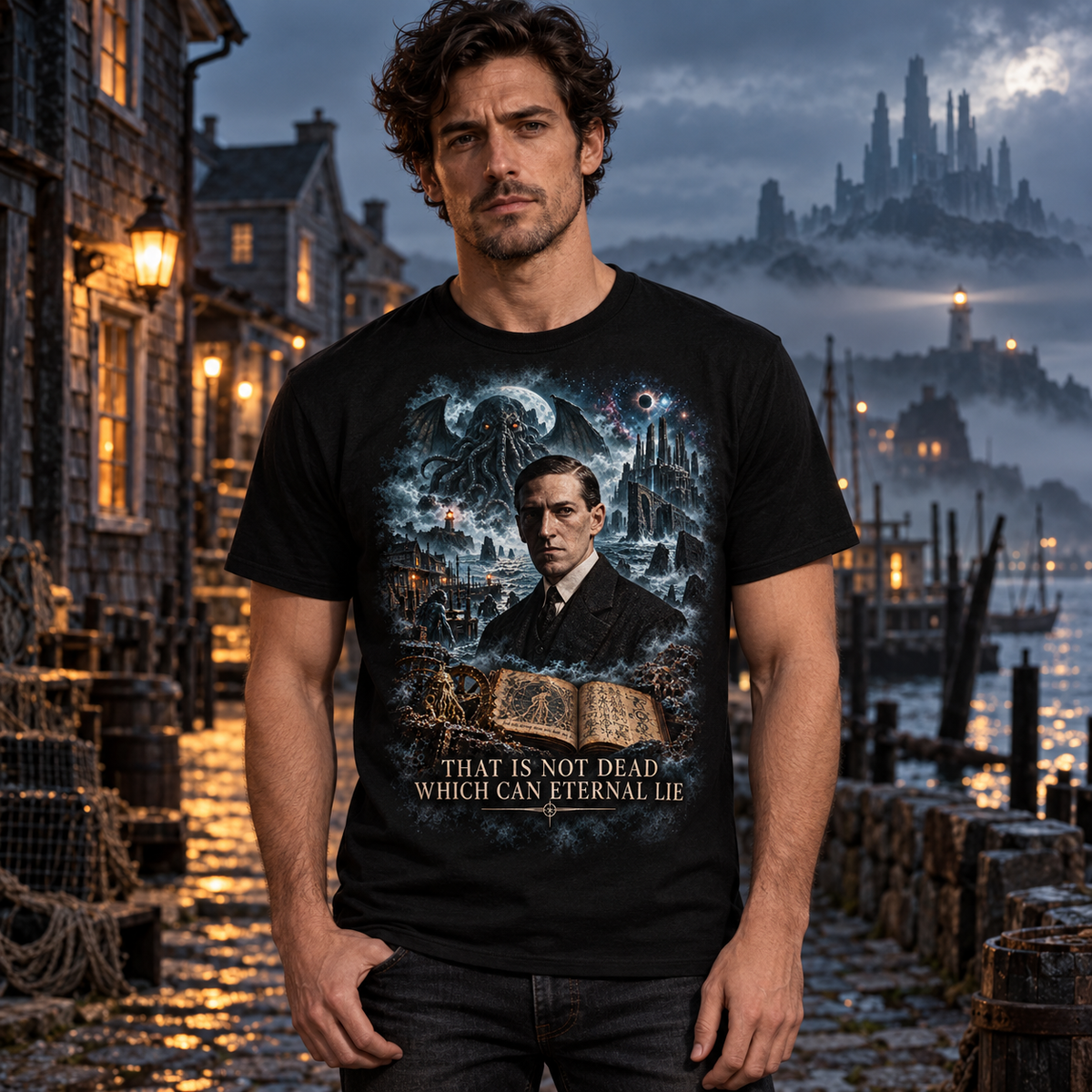 Custom lifestyle mockup of a man wearing the black Lovecraft shirt in a misty coastal village