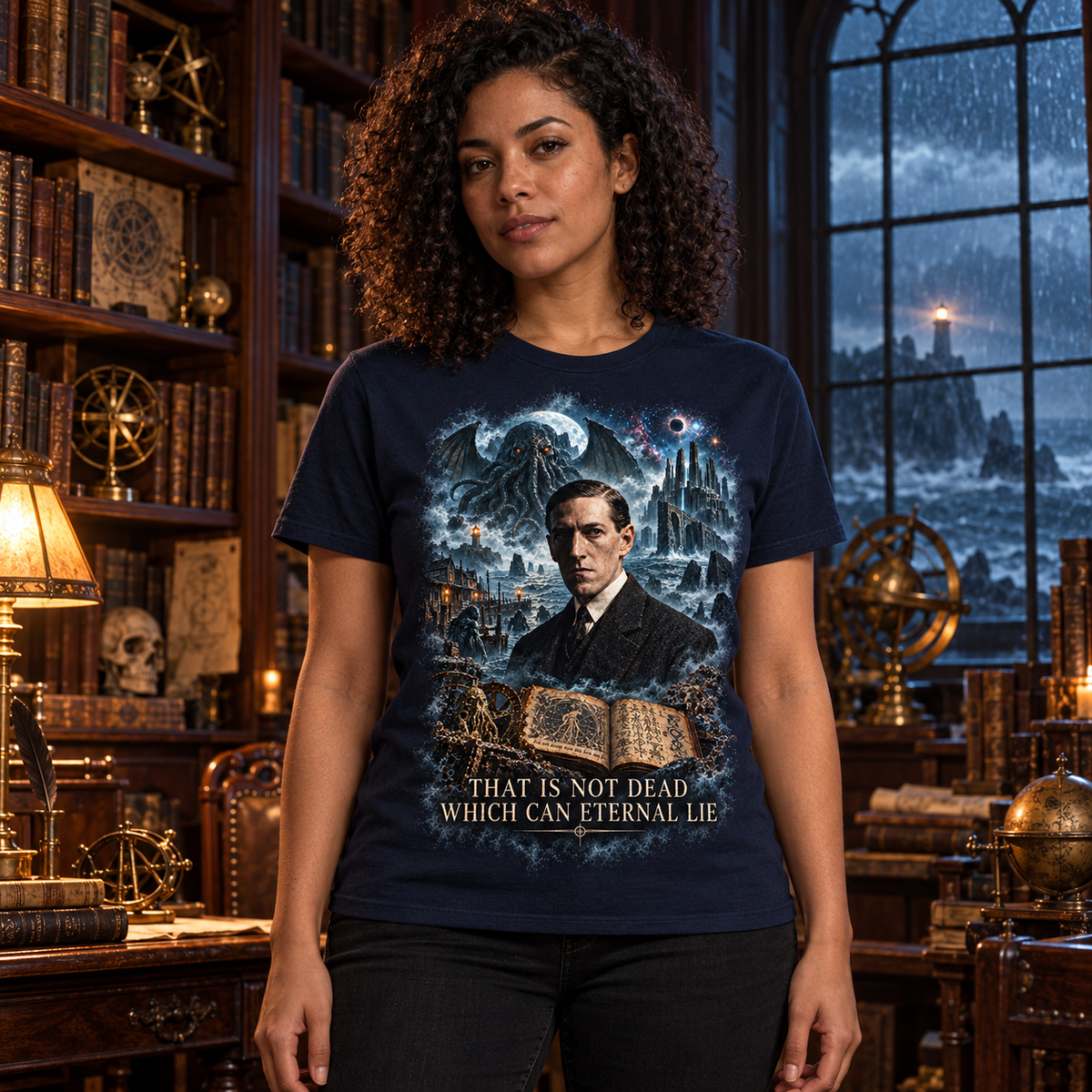 Custom lifestyle mockup of a woman wearing the navy Lovecraft shirt in an atmospheric occult library