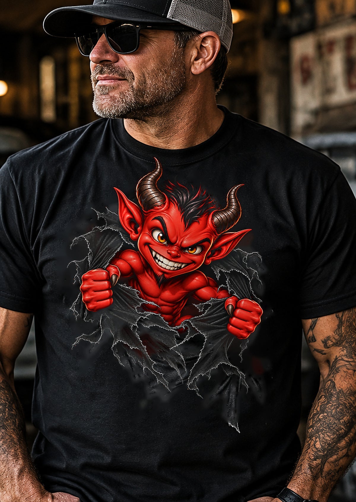 Ripping Imp black T-shirt on male lifestyle model with vivid red IMP-POSSIBLE character tearing through fabric