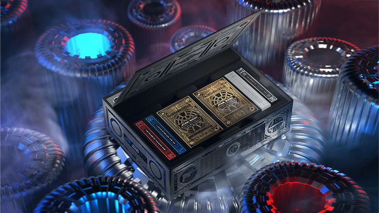 Star Wars playing cards box set by theory11 opened to reveal multiple gold foil decks inside a collector display case with sci-fi lighting