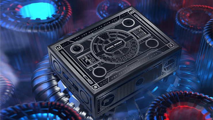 Star Wars playing cards box set by theory11 with collector case displayed in futuristic blue and red lighting