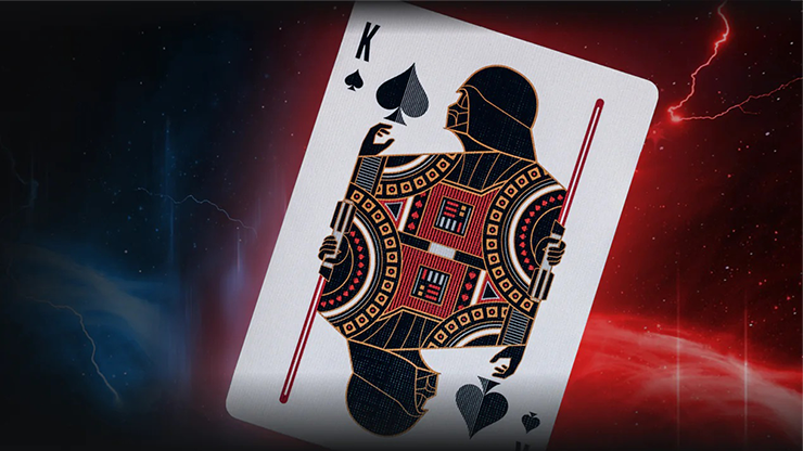 Darth Vader King of Spades playing card from Star Wars playing cards by theory11 with red and blue lightning background