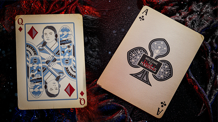 Stranger Things Hive Mind playing cards by theory11 featuring Ace of Clubs and Queen of Diamonds character cards displayed on a dark Upside Down themed background