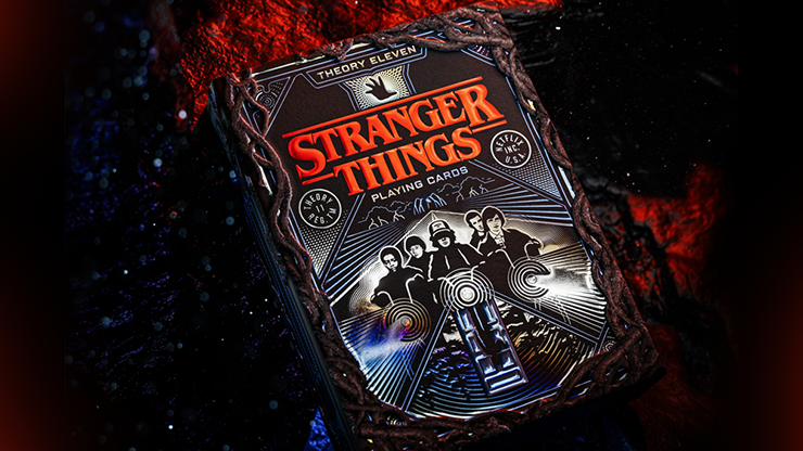 Stranger Things Hive Mind playing cards by theory11 featuring the Mind Flayer themed tuck case with vine-like embossing and retro Hawkins artwork on a dark Upside Down inspired background