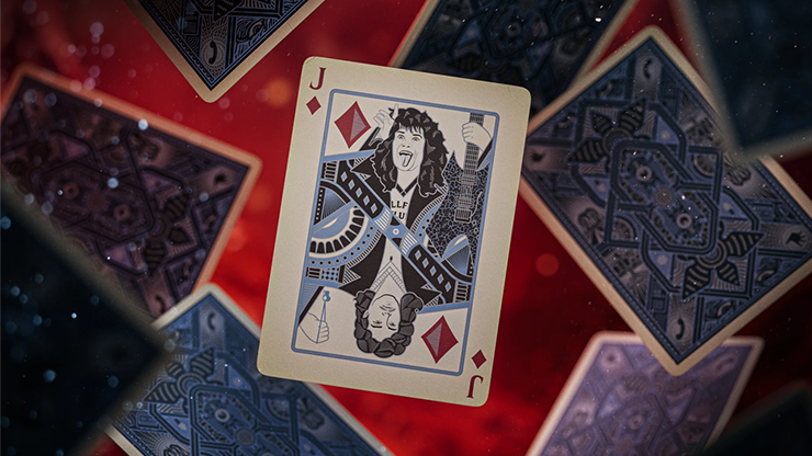 Jack of Diamonds card from Stranger Things Hive Mind playing cards by theory11 surrounded by dark Upside Down themed card backs on a red cinematic background