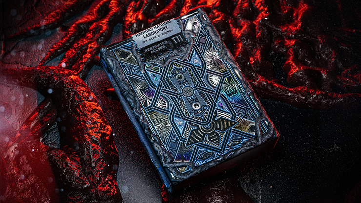 Stranger Things Hive Mind playing cards by theory11 featuring Mind Flayer themed tuck case with embossed vines on a fiery Upside Down inspired background