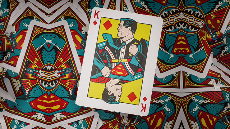 King of Diamonds card from Superman playing cards by theory11 displayed on a colorful comic-style card back pattern