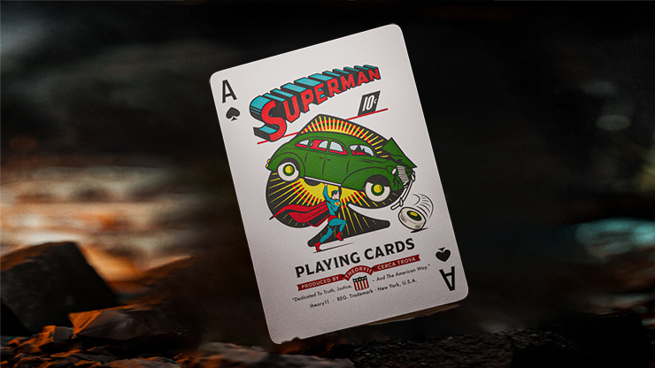 Ace of Spades card from Superman playing cards by theory11 displayed on a dark cinematic background with vintage comic artwork
