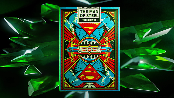 Superman playing cards by theory11 DC collector deck displayed against green kryptonite crystal background with vintage comic style tuck case