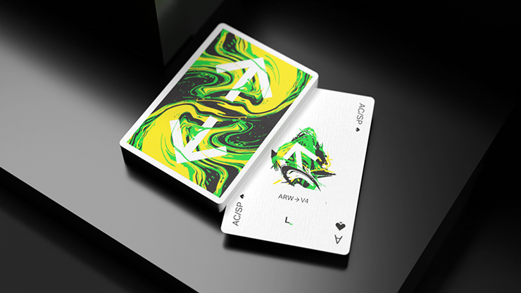 ARW V4 Playing Cards back design featuring neon green and yellow geometric artwork on a black background