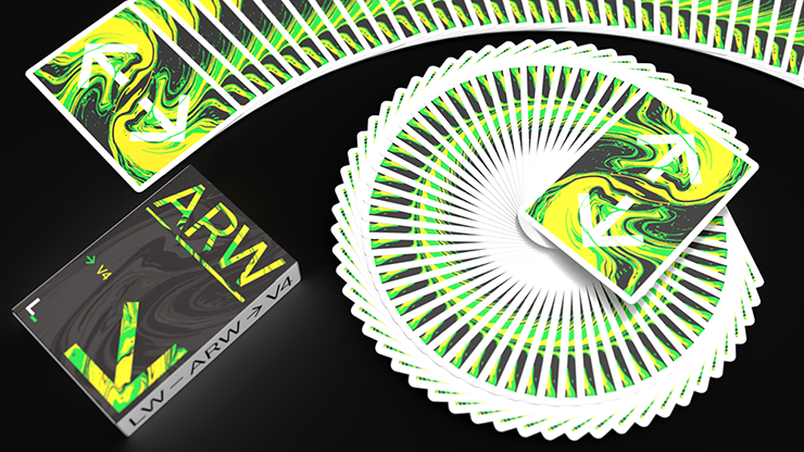 ARW V4 Playing Cards cardistry fan spread with neon green and yellow geometric design