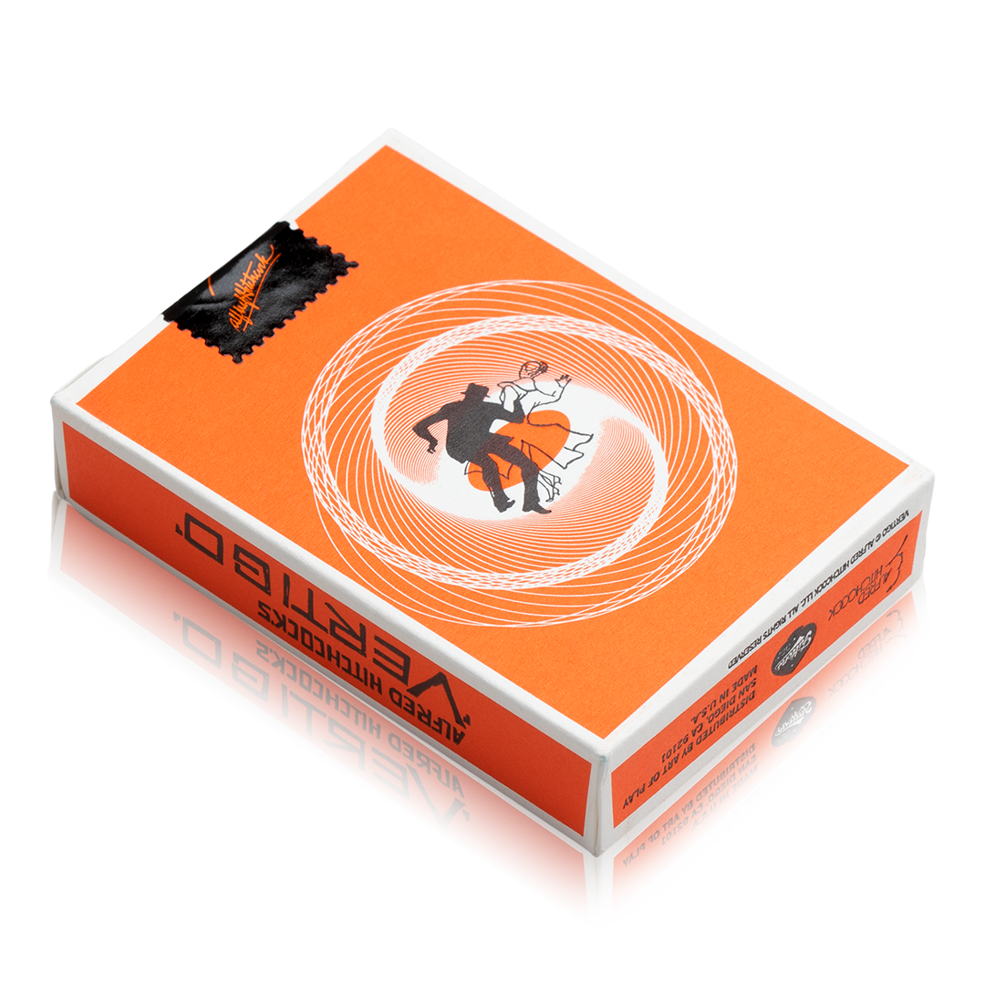 Vertigo playing cards tuck box back design by Art of Play with product details and graphic spiral pattern